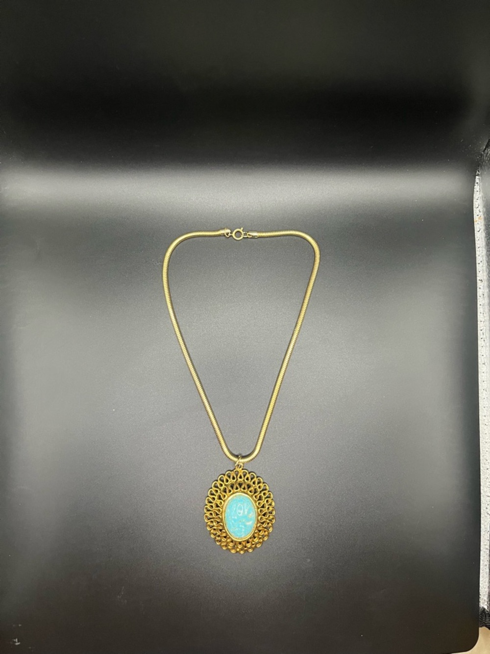 Gold-Tone Necklace with Turquoise Oval Pendant - Women Jewelry